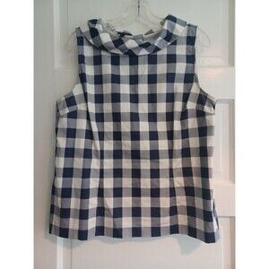 Talbots Audrey navy gingham blouse 16 sleeveless shirt back button retro preppy
